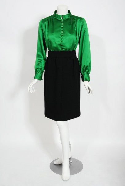 1968 Burke-Amey Couture Black Wool Green Silk Appliqué 3-Piece Ensemble