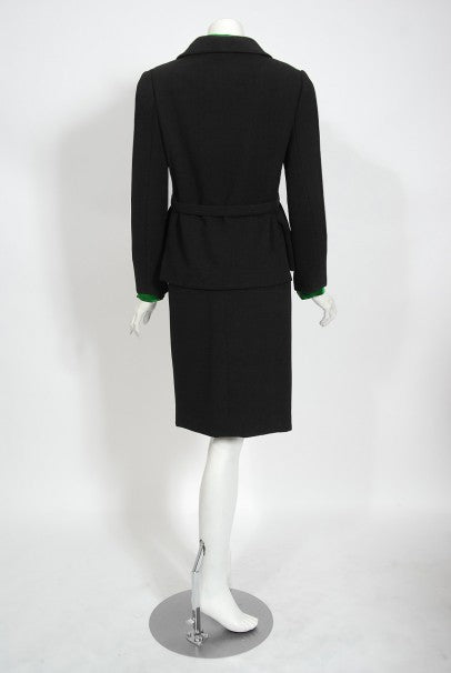 1968 Burke-Amey Couture Black Wool Green Silk Appliqué 3-Piece Ensemble