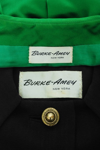 1968 Burke-Amey Couture Black Wool Green Silk Appliqué 3-Piece Ensemble