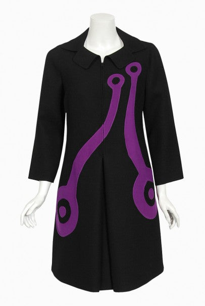 1968 Mila Schön Italian Couture Black Purple Wool Mod Target Coat Dress