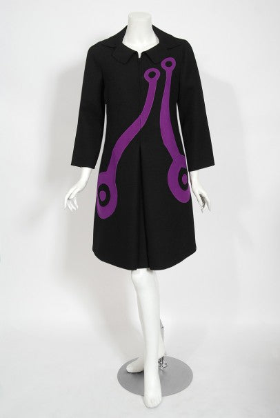 1968 Mila Schön Italian Couture Black Purple Wool Mod Target Coat Dress