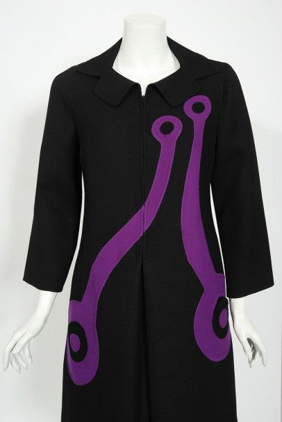 1968 Mila Schön Italian Couture Black Purple Wool Mod Target Coat Dress