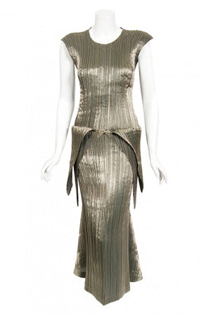 1989 Issey Miyake Metallic Gold Pleated Origami Tails Sculpted Dress Set