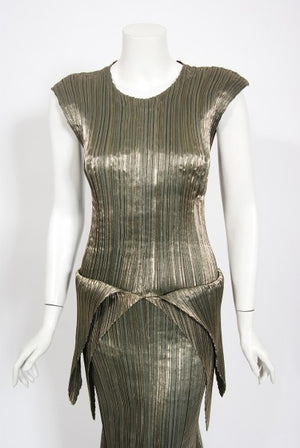 1989 Issey Miyake Metallic Gold Pleated Origami Tails Sculpted Dress Set