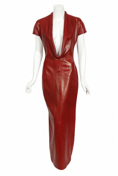 1998 Alexander McQueen For Givenchy Runway Red Leather Low-Plunge Gown 1998 Alexander McQueen For Givenchy Runway Red Leather Low-Plunge Gown