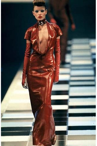 1998 Alexander McQueen For Givenchy Runway Red Leather Low-Plunge Gown 1998 Alexander McQueen For Givenchy Runway Red Leather Low-Plunge Gown