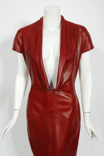 1998 Alexander McQueen For Givenchy Runway Red Leather Low-Plunge Gown