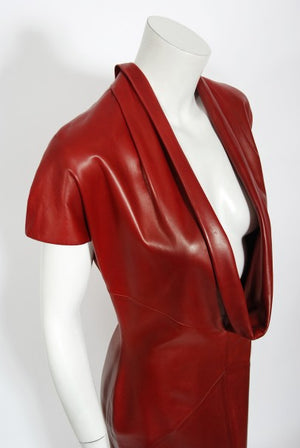 1998 Alexander McQueen For Givenchy Runway Red Leather Low-Plunge Gown