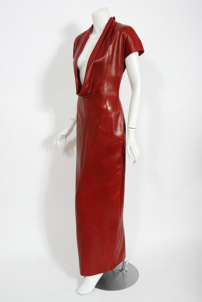 1998 Alexander McQueen For Givenchy Runway Red Leather Low-Plunge Gown