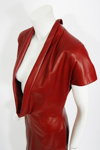 1998 Alexander McQueen For Givenchy Runway Red Leather Low-Plunge Gown