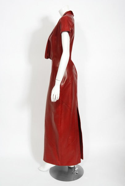 1998 Alexander McQueen For Givenchy Runway Red Leather Low-Plunge Gown 1998 Alexander McQueen For Givenchy Runway Red Leather Low-Plunge Gown