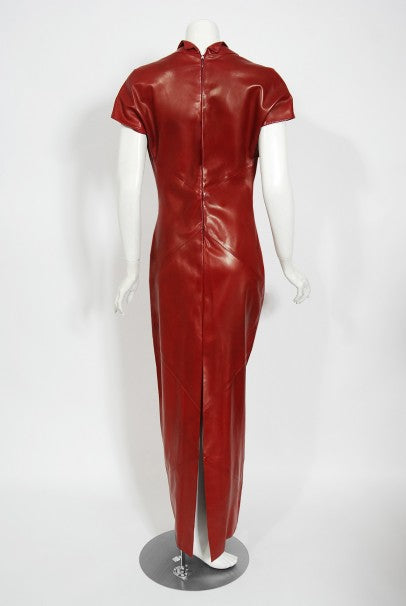 1998 Alexander McQueen For Givenchy Runway Red Leather Low-Plunge Gown
