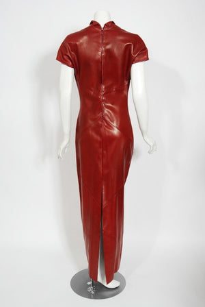 1998 Alexander McQueen For Givenchy Runway Red Leather Low-Plunge Gown