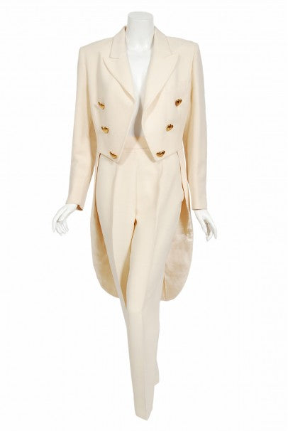 1993 Moschino Couture Cream Wool Heart Buttons Tuxedo Jacket &amp; Pants Set