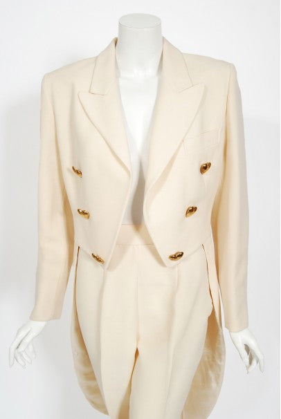 1993 Moschino Couture Cream Wool Heart Buttons Tuxedo Jacket & Pants Set