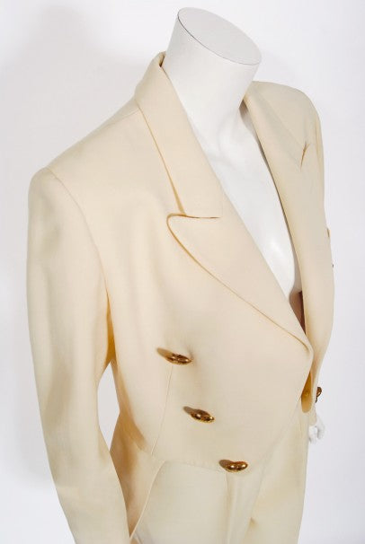 1993 Moschino Couture Cream Wool Heart Buttons Tuxedo Jacket &amp; Pants Set