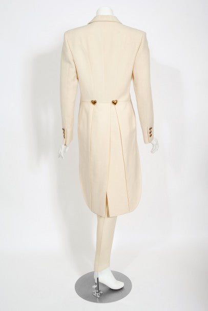1993 Moschino Couture Cream Wool Heart Buttons Tuxedo Jacket &amp; Pants Set