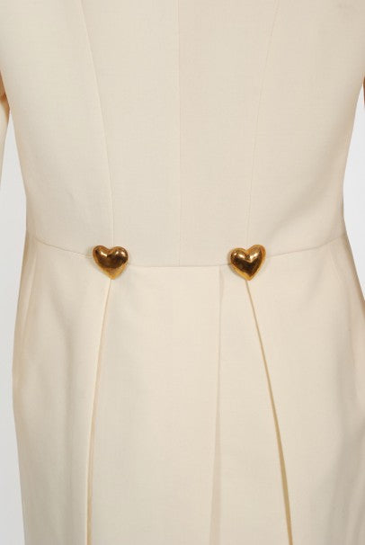 1993 Moschino Couture Cream Wool Heart Buttons Tuxedo Jacket &amp; Pants Set