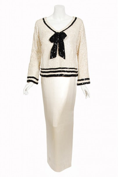 barbra streisand sequin dress 1963 Iconic Barbra Streisand Custom Couture Cream Black Sequin Silk Sailor  Set