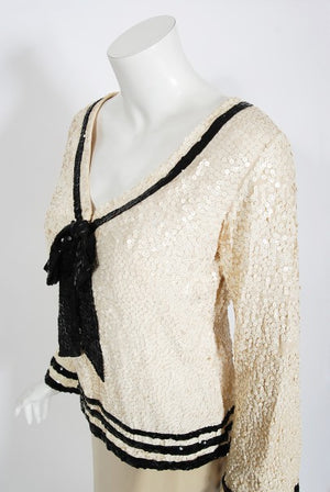 1963 Iconic Barbra Streisand Custom Couture Cream Black Sequin Silk Sailor Set