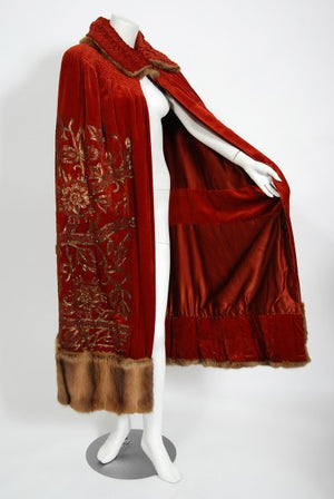 1920's Frederick Loeser & Co Metallic Embroidered Beaded Red Velvet Cape