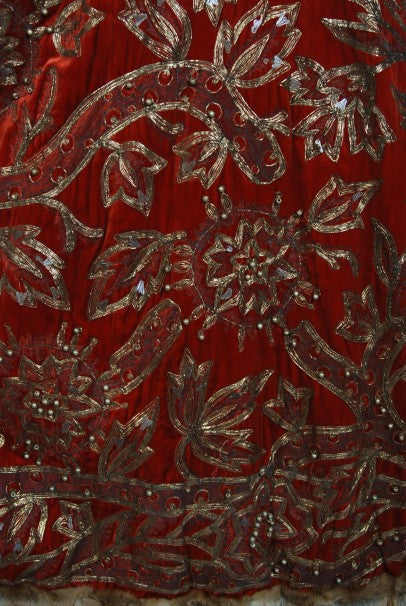 1920&#39;s Frederick Loeser &amp; Co Metallic Embroidered Beaded Red Velvet Cape