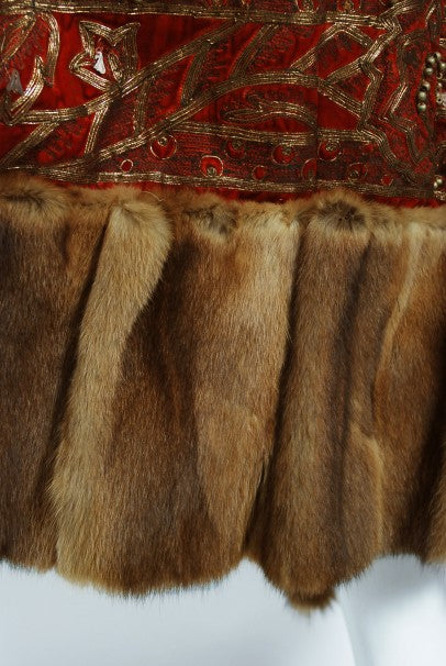 1920&#39;s Frederick Loeser &amp; Co Metallic Embroidered Beaded Red Velvet Cape