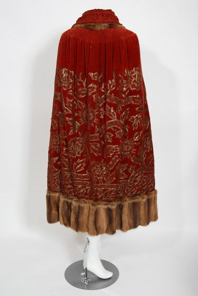 1920&#39;s Frederick Loeser &amp; Co Metallic Embroidered Beaded Red Velvet Cape