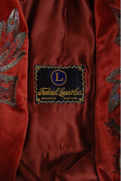 1920&#39;s Frederick Loeser &amp; Co Metallic Embroidered Beaded Red Velvet Cape