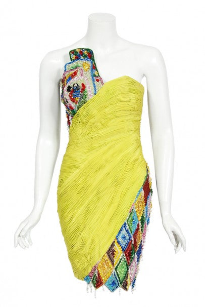 1990 Gianni Versace Couture Beaded Playing Cards Novelty Strapless Dress