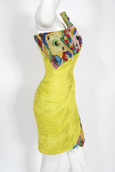 1990 Gianni Versace Couture Beaded Playing Cards Novelty Strapless Dress