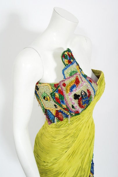 1990 Gianni Versace Couture Beaded Playing Cards Novelty Strapless Dress