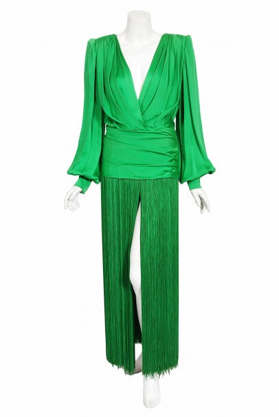 1990 Givenchy Haute Couture Green Silk Billow-Sleeve Plunge Fringed Gown