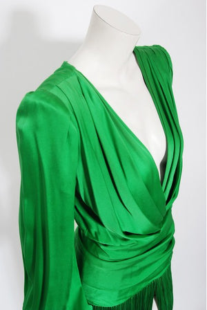 1990 Givenchy Haute Couture Green Silk Billow-Sleeve Plunge Fringed Gown