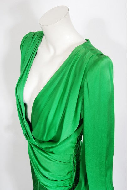1990 Givenchy Haute Couture Green Silk Billow-Sleeve Plunge Fringed Gown