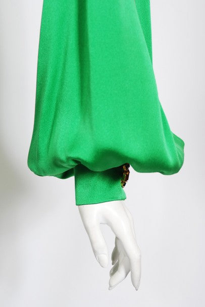 1990 Givenchy Haute Couture Green Silk Billow-Sleeve Plunge Fringed Gown