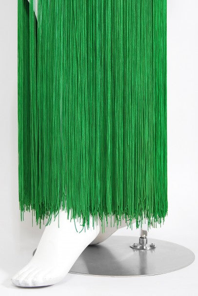 1990 Givenchy Haute Couture Green Silk Billow-Sleeve Plunge Fringed Gown