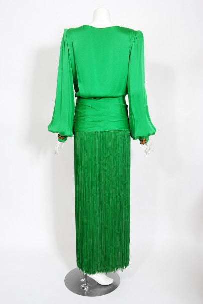 1990 Givenchy Haute Couture Green Silk Billow-Sleeve Plunge Fringed Gown