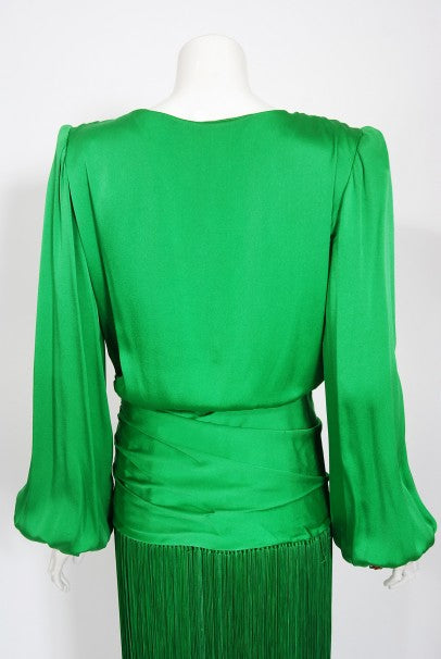1990 Givenchy Haute Couture Green Silk Billow-Sleeve Plunge Fringed Gown