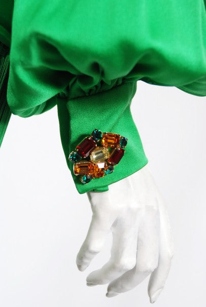 1990 Givenchy Haute Couture Green Silk Billow-Sleeve Plunge Fringed Gown