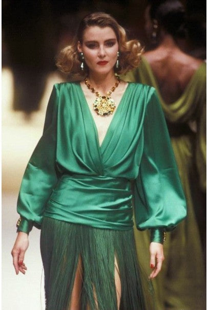 1990 Givenchy Haute Couture Green Silk Billow-Sleeve Plunge Fringed Gown 1990 Givenchy Haute Couture Green Silk Billow-Sleeve Plunge Fringed Gown