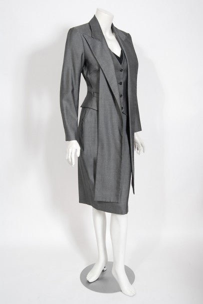 1997 Alexander McQueen Sharkskin Wool Hourglass Gray Dress w/ Jacket