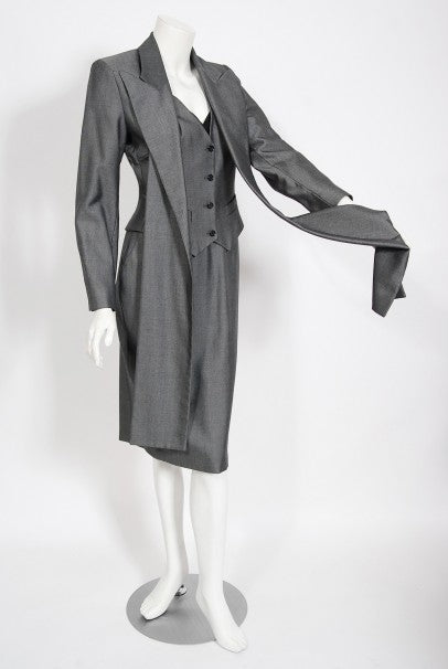 1997 Alexander McQueen Sharkskin Wool Hourglass Gray Dress w/ Jacket