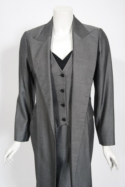 1997 Alexander McQueen Sharkskin Wool Hourglass Gray Dress w/ Jacket