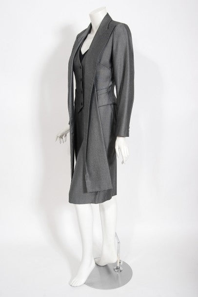 1997 Alexander McQueen Sharkskin Wool Hourglass Gray Dress w/ Jacket