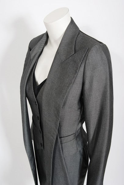 1997 Alexander McQueen Sharkskin Wool Hourglass Gray Dress w/ Jacket