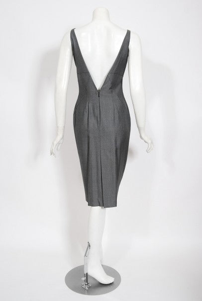 1997 Alexander McQueen Sharkskin Wool Hourglass Gray Dress w/ Jacket