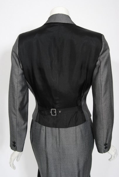 1997 Alexander McQueen Sharkskin Wool Hourglass Gray Dress w/ Jacket