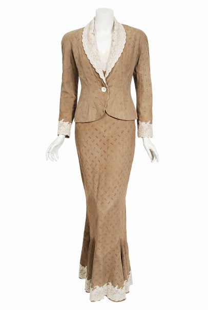 1999 Christian Dior by John Galliano Suede &amp; Lace Bias-Cut Gown w/ Jacket