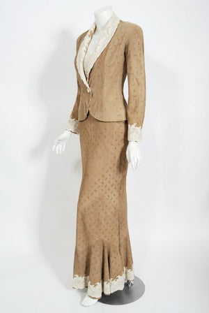 1999 Christian Dior by John Galliano Suede & Lace Bias-Cut Gown w/ Jacket
